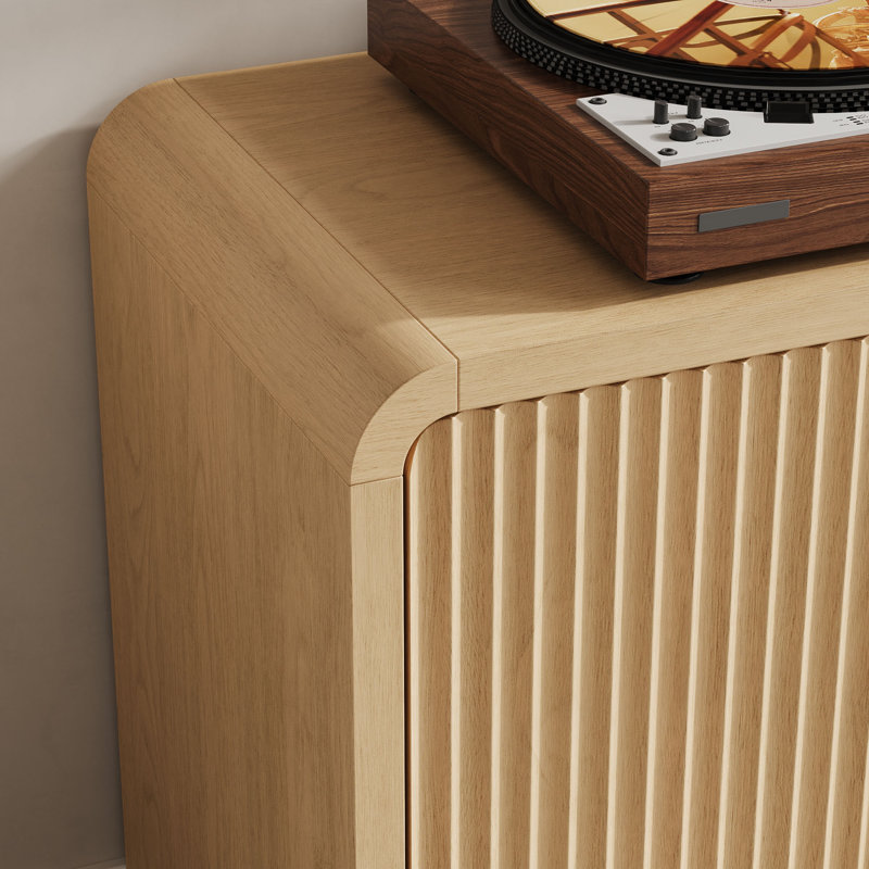 Meuble télé incurvé 63 po pour téléviseur de 70 po ou moins, avec meuble télé avec portes coulissantes et rangement multimédia à DEL