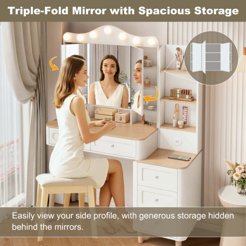 Vanity Desk With Mirror And Lights,Makeup Vanity With 2 USB Power Strip,Vanity Set With Two Drawers And Three-Drawer Chest, 3 Lighting Modes Adjustable Brightness, Foldable Three-Sided Mirror