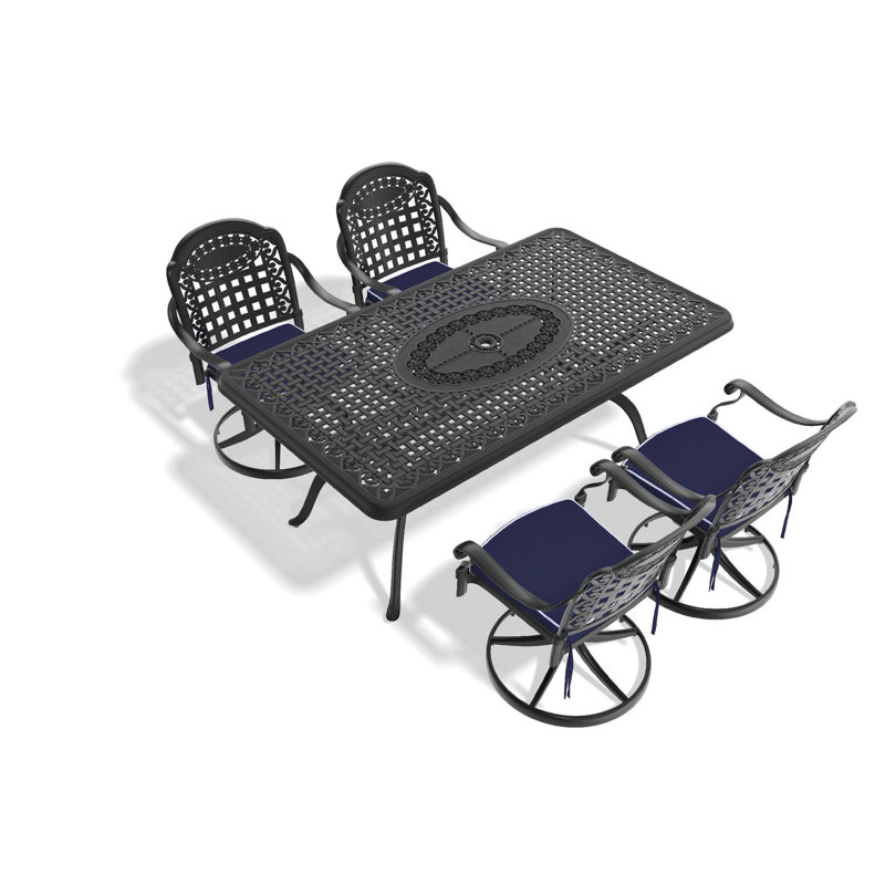 Ensemble de salle à manger 5 pièces en fonte d'aluminium avec structure noire, comprenant 4 chaises pivotantes et une table rectangulaire
