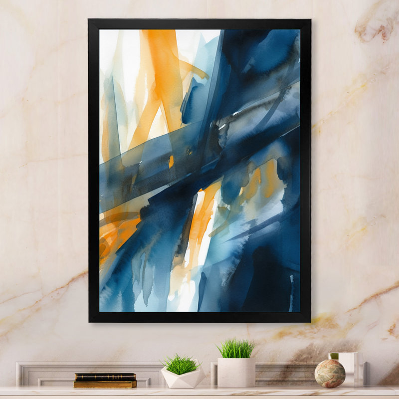 Fusion bleue et dorée sur toile, Cadre photo noir, H 32 po x l 16 po x P 1 po