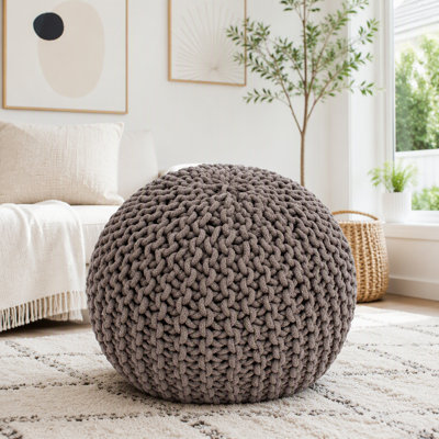 Handcrafted Knitted Cotton Pouf with Classic Cable Knit