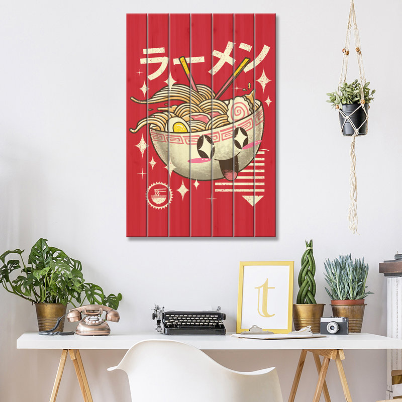 Harab Kawaii Ramen par - Impression sur bois sans cadre, H 26 po x l 18 po x P 1,5 po