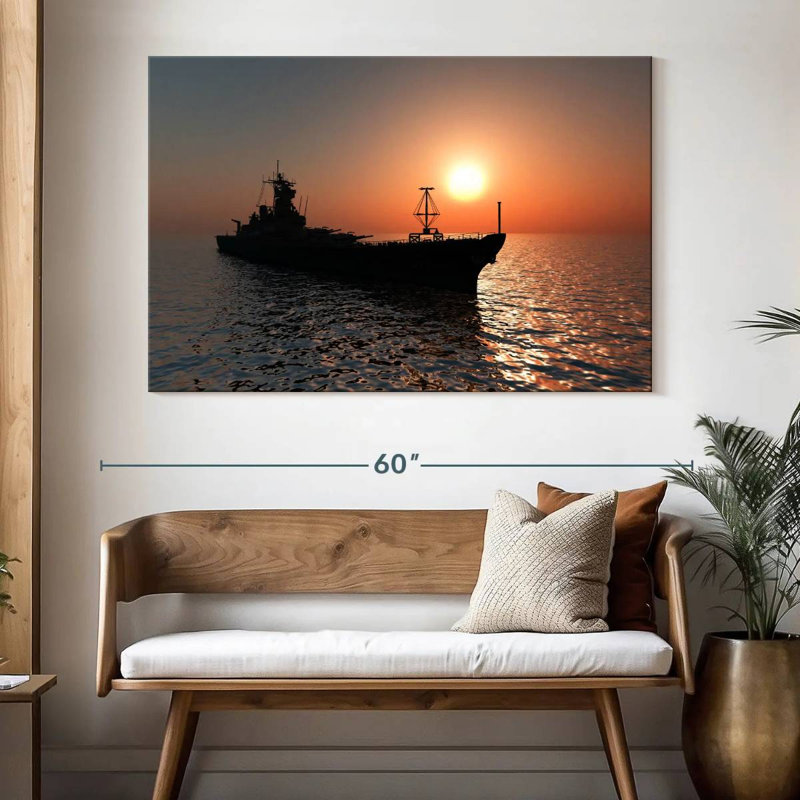Navire Mait au coucher du soleil, H 34 po x l 51 po