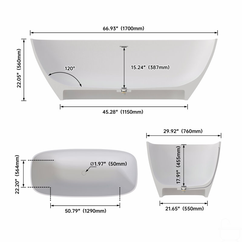 Baignoire profonde de 67 po à surface solide de qualité supérieure