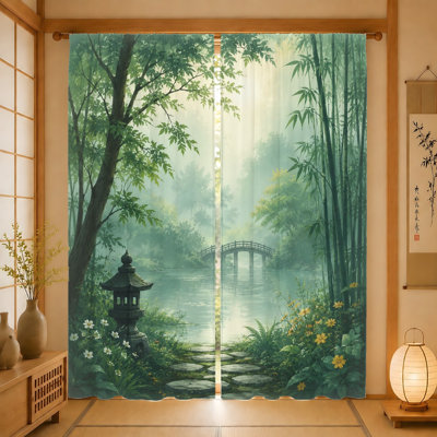 2 pièces rideaux de paysage de jardin japonais serein, impression de lanterne de forêt de bambou tranquille et de pierre, tissu filtrant la lumière, style passe-tringle pour salon, chambre à coucher, balcon, décoration intérieure
