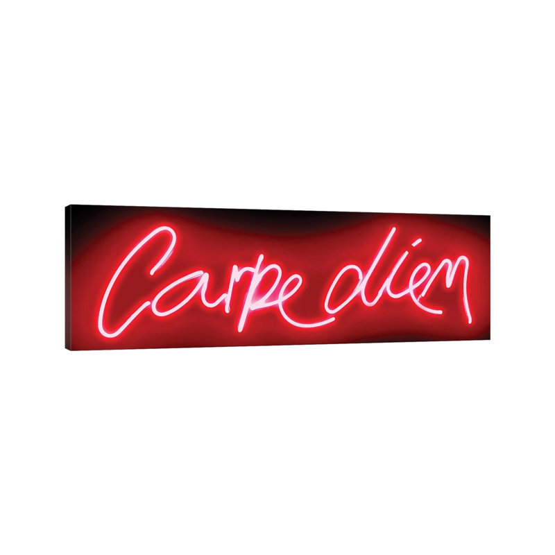 Neon Carpe Diem Red On Black by Hailey Carr - Wrapped Canvas Panoramic Print, 30.48 cm H x 91.44 cm W x 1.91 cm D