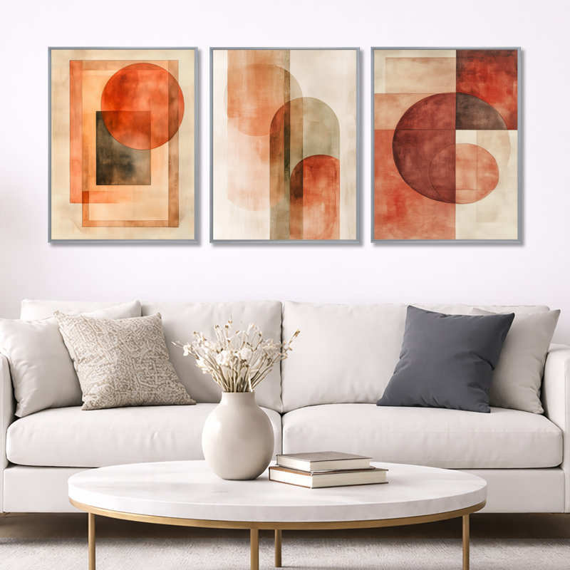 Terracotta Balance I - orange abstrait, art mural 3 pièces, 32" H x 72" W, Silver Floater Framed
