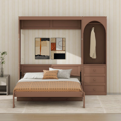 Grand lit escamotable avec tablette Stoarge et tringle pour garde-robe à DEL, cadre de lit armoire en bois pliable avec bureau et tiroirs