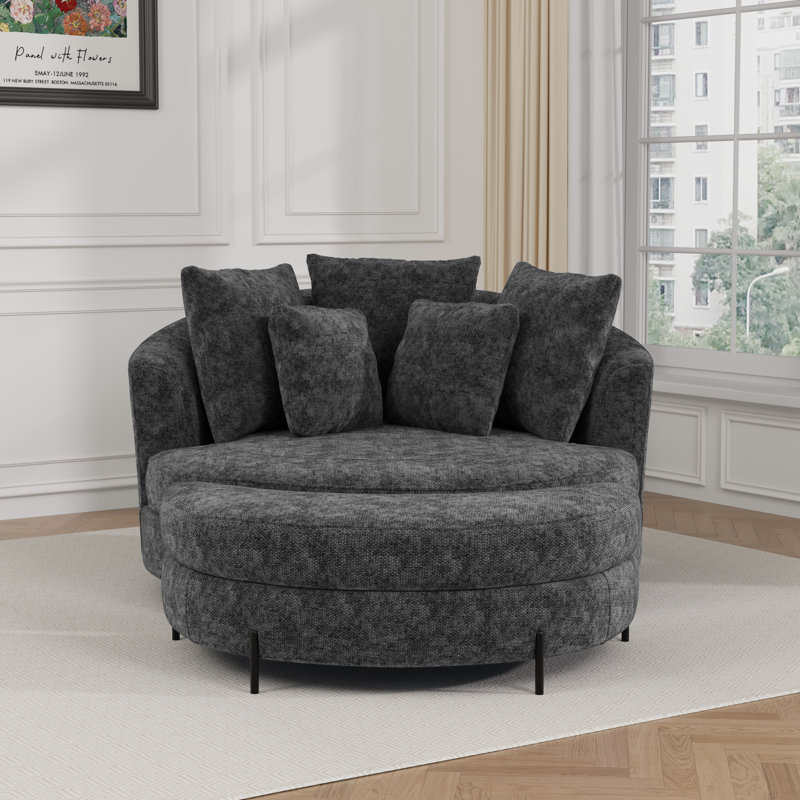 59.8" W Oversized Barrel Chair, Chenille Sofa Chair  With Ottoman And Pillows, Charcoal