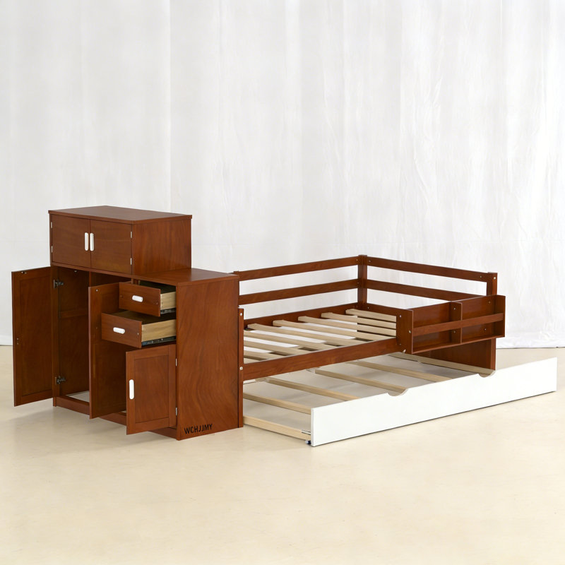 WCHJJMY Twin Size Wood Platform Bed With Sample Bookshelf And Movable Wardrobe, Multifunctional Bed With Built-In Trundle Bed, Walnut