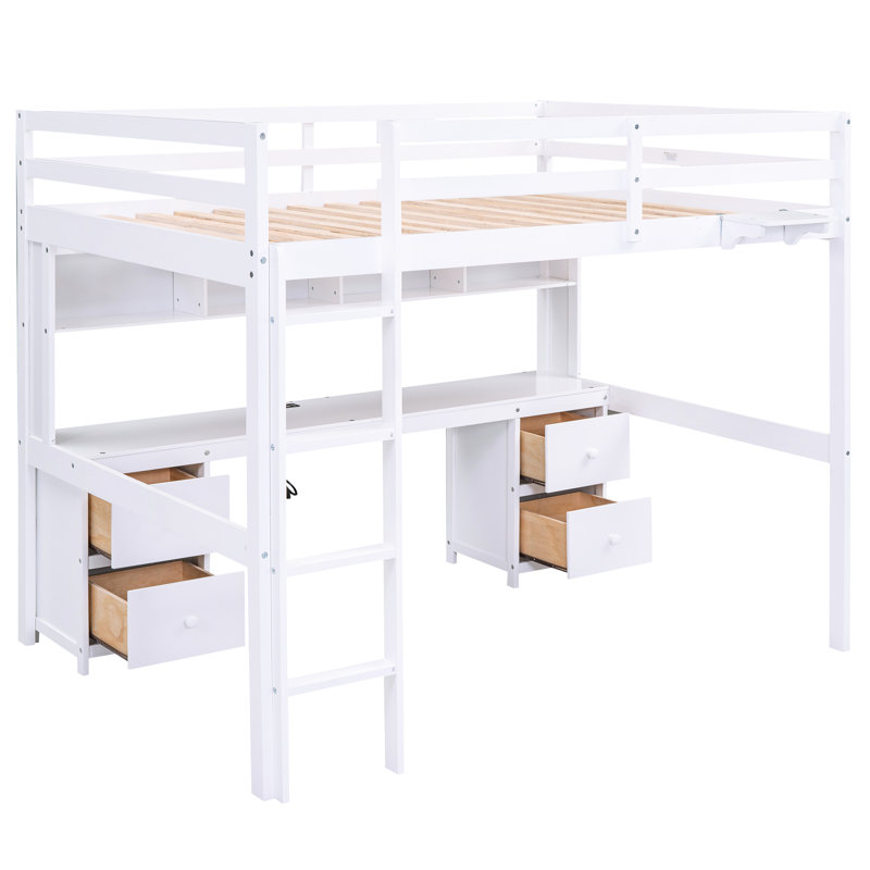 Lit mezzanine en bois avec bureau, fonction de charge et rangement multiple - blanc, Blanc