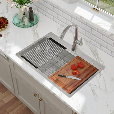 33" L x 19" W Drop-in Stainless Steel Kitchen Sink, Single Bowl Workstation Kitchen Sink with Cutting Board and Colander