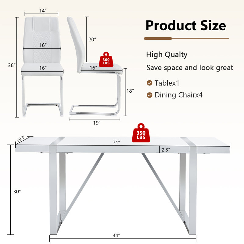 Neguta 6 - Person Dining Set, Modern Rectangular Dining Table Set with 6 Luxury Faux Leather Dining Chairs, Silver