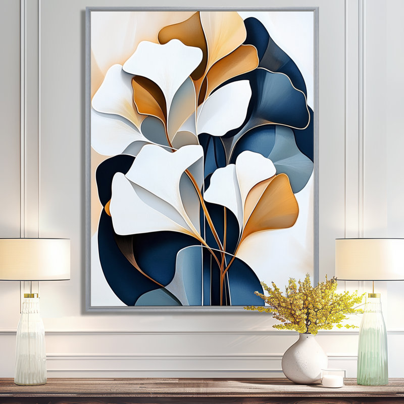 «Ginkgo in Golden Silence III», art mural moderne japonais sur toile, H 32 po x l 24 po, Encadrement argenté