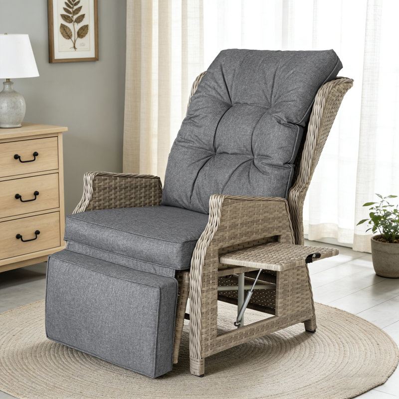 Fauteuil inclinable d'extérieur en osier 2 pièces avec dossier et repose-pieds réglables, Gris, Beige