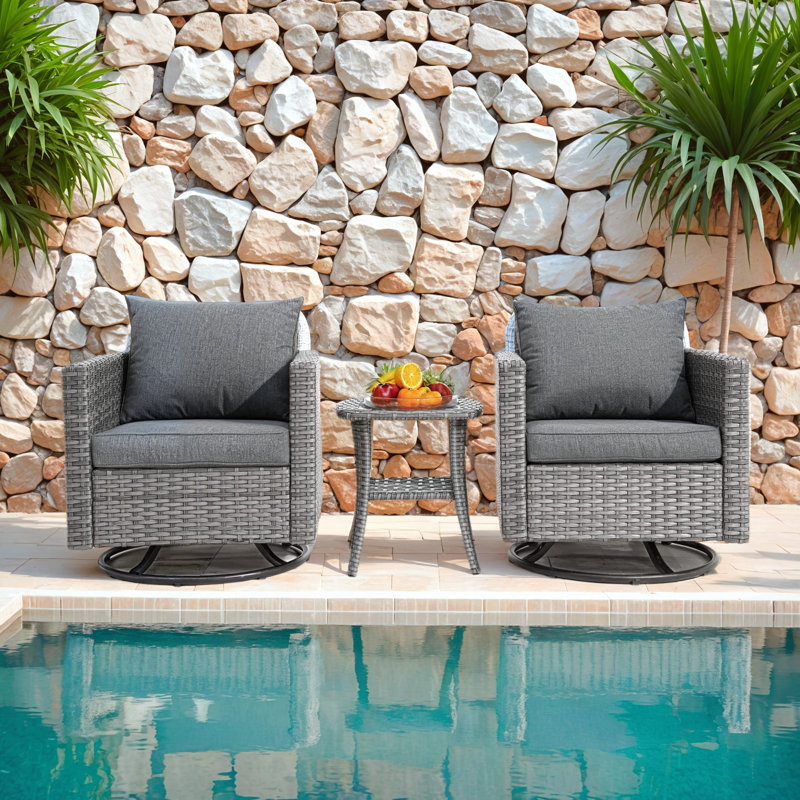 Aldos All Weather Outdoor Patio Swivel Rocker Conversation Set With Thick Cushions and Table