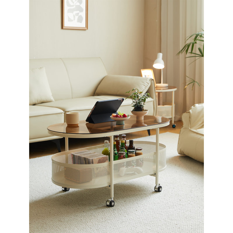 Table basse mobile ovale en verre et métal avec rangement (table basse uniquement, sans chaises)