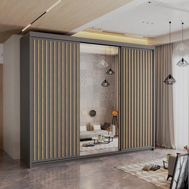 Sliding Wardrobe with Mirror Modern Bedroom 4 Colours 3 Sizes, Grey, 217cm H x 250cm W x 62cm D