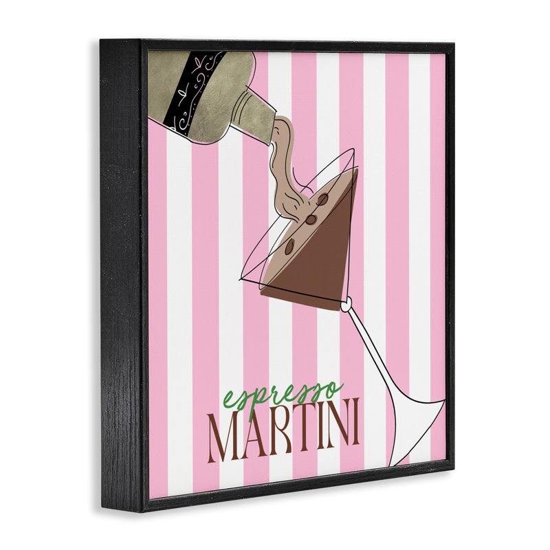 Giclée à rayures roses espresso Martini, design par Deidre Mosher, Giclée encadrée noir minuit, H 24 po x l 24 po