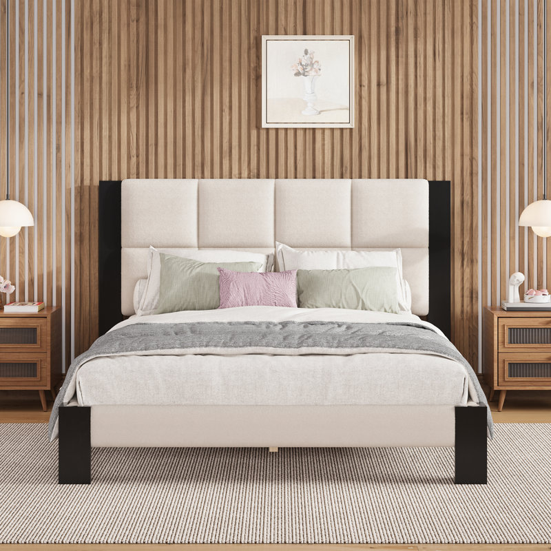 Kyrie Boucle Upholstered Bed With Square-Stitched Headboard & Wood Legs, Queen