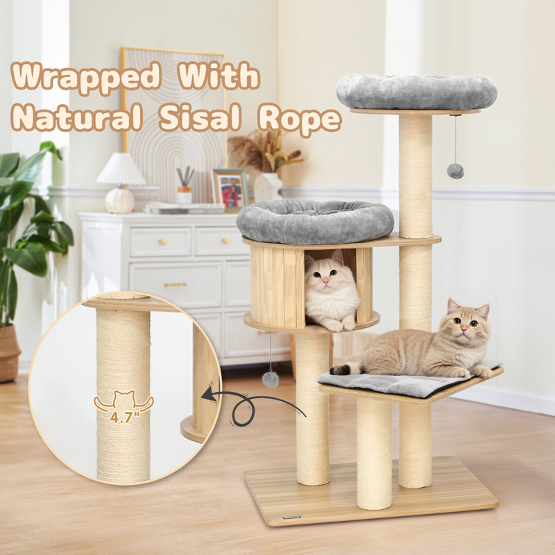 58.6" Pine Wood Cat Tree with Gray Cushions and Sisal Posts