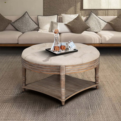 Grande table basse ronde avec repose-pieds imperméable avec rangement en bois à 2 niveaux