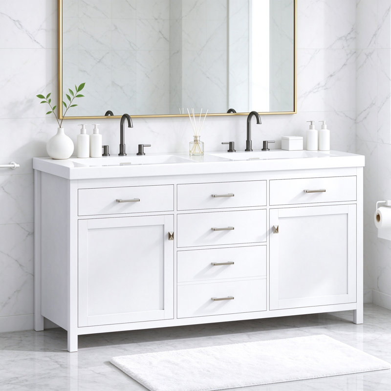 Meuble-lavabo double 59,1 po avec lavabo en résine, fermeture en douceur, tiroir escamotable et tablette réglable 59,1 po