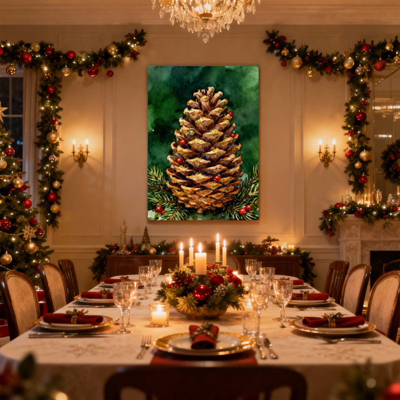 Cône de pin de Noël avec baies et verdure, ensemble de 3 impressions sur toile, H 24 po x l 16 po