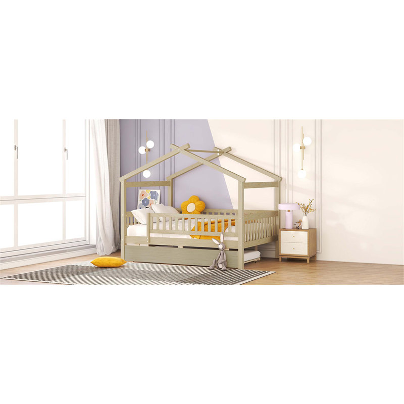 Zhayne Wooden House Bed with Trundle, Full, Natural