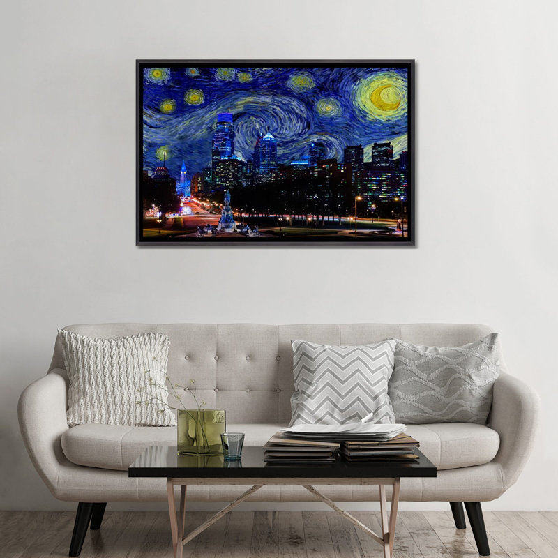 Philadelphia, Pennsylvania Starry Night Skyline - impression d'art graphique, Aucun mat, Toile avec cadre noir patiné