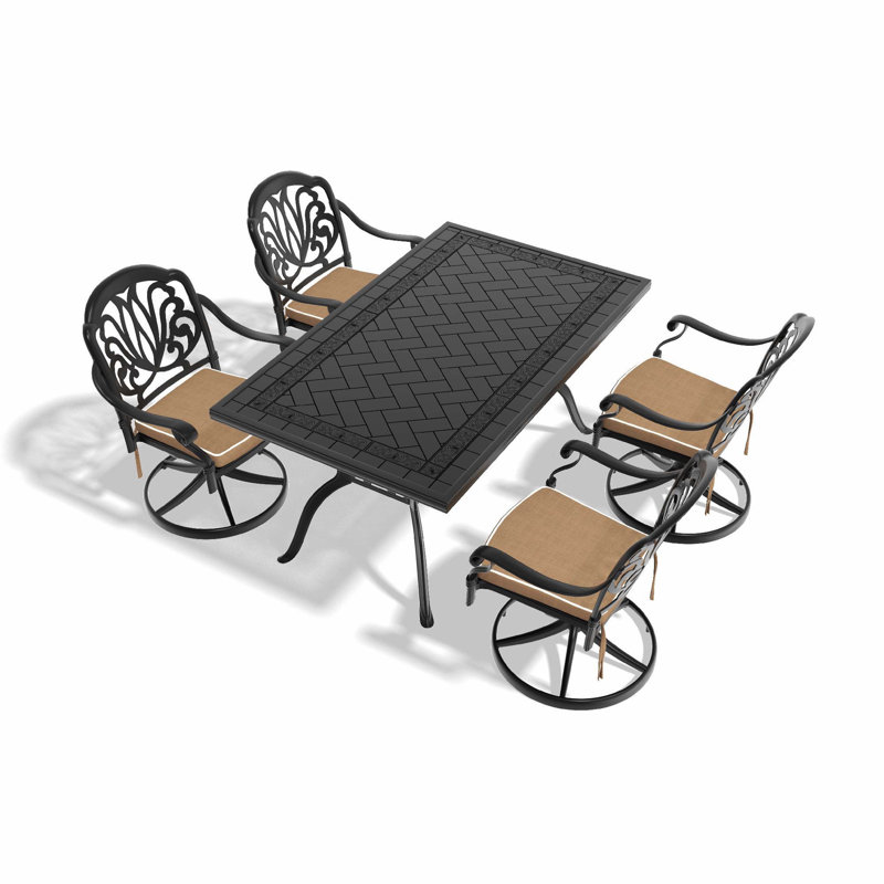 Ensemble de salle à manger 5 pièces en fonte d'aluminium avec structure noire, comprenant 4 chaises pivotantes et une table rectangulaire