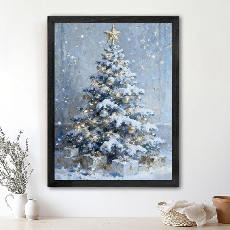 Reproduction d'art encadré noir, arbre de Noël et cadeaux d'hiver rétro, H 11 po x l 9 po