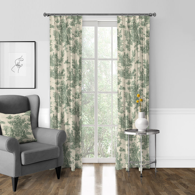Toile De Jouy 100% Cotton Toile Room Darkening Pinch Pleat Single Curtain Panel, Blue, 20" W x 144" L