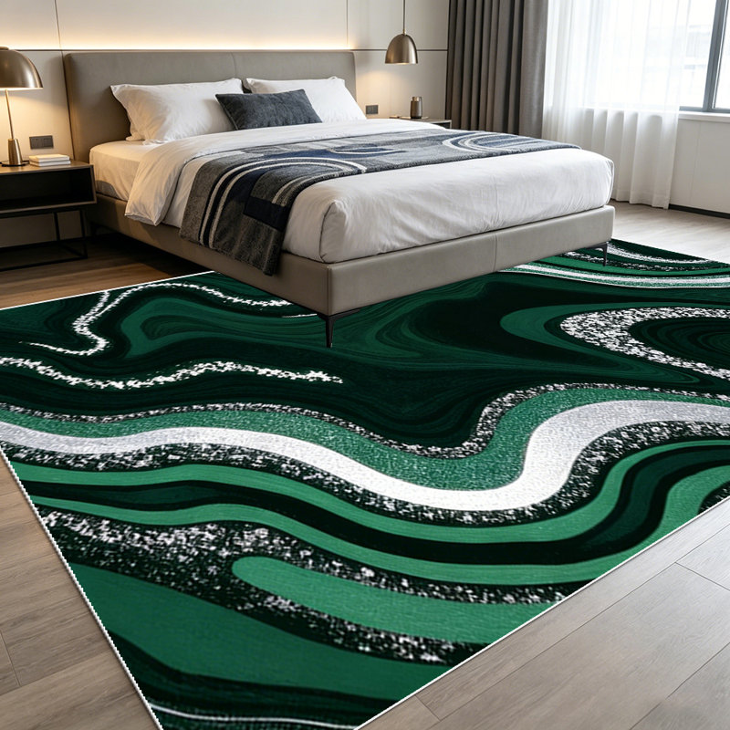 1PC Dark Green Silver Glitter Fluid Marbled Swirl Agate area rugs for Living Room, Soft, All seasons, Easy-maintain, Washable Indoor mat, Farmhouse suitable for for dining room, bedroom, entryway...