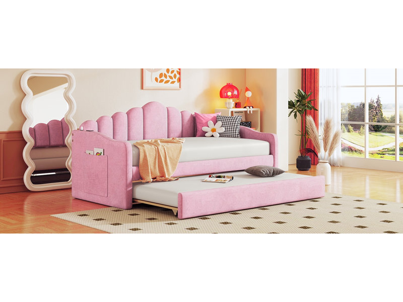 Lit de jour simple rembourré avec couchette, canapé-lit en velours avec ports de chargement USB, aucun sommier nécessaire, rose