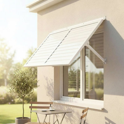 Auvent en métal blanc 4,6 blanc, extérieur en aluminium avec finition thermolaquée, solin intégré à charnière continue, conception d'installation efficace, quincaillerie en acier inoxydable, largeur de 52,91 po, 33,27 po
