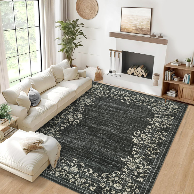 Machine Washable Non-Slip Rugs for Living Room Border Floral Vintage Distress Print Carpet Indoor Non-Shedding Rugs for Living Room Dining Room