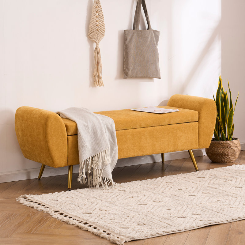 Shaneta 57"W Upholstered Storage Bench with Arms, Yellow