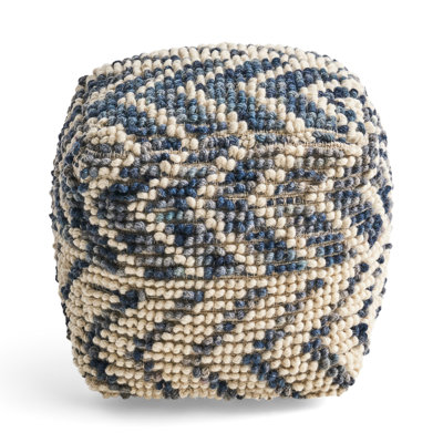 Pouf en laine et en coton naturel et bleu, 16 x 16 x 16, capacité de 200 lb, entièrement assemblé, nettoyage des taches seulement, pouf carré rembourré bleu, carré de 16 po