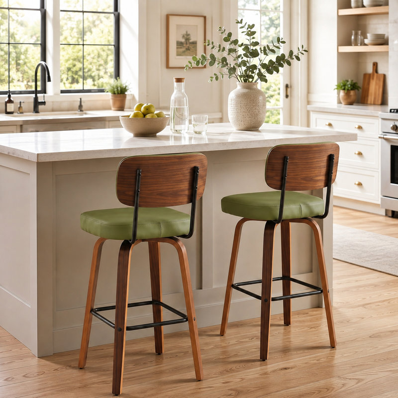 Tabouret de bar pivotant rembourré Hesson, hauteur du siège 29,5 po, structure en bois (ensemble de 2), Vert