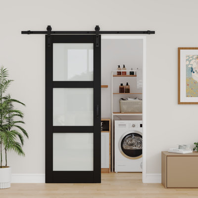 Panneau de porte pré-assemblé, porte de grange coulissante en verre trempé givré en bois massif avec finition noire et portes de salle de bain (fermeture en douceur incluse)