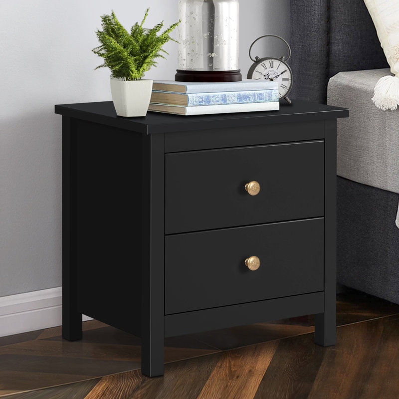 Bedside Table Lakisha Nightstand Storage Side End 2 Drawers, Black