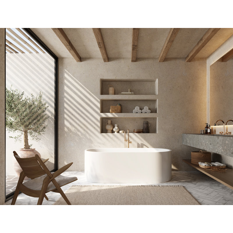 LIDO 66" X 34" Freestanding Soaking Solid Surface Bathtub, Satin Nickel