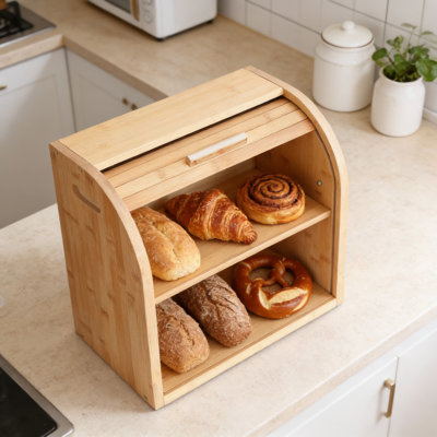 Large Bamboo Bread Box With Removable 2-Tier Design, Roll-Top Lid For Kitchen Food Storage, High Capacity Bread Keeper For Freshness And Organization