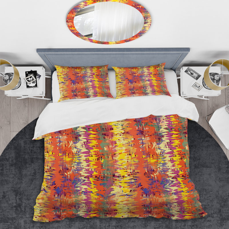 Ensemble de housse de couette multicolore à rayures grunge en microfibre orange / jaune / mauve 3 pièces