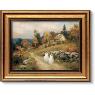 Gold Framed Vintage Farmhouse Halloween Cute Ghost Countryside Cottage Fall Landscape Framed Canvas Print Wall Art