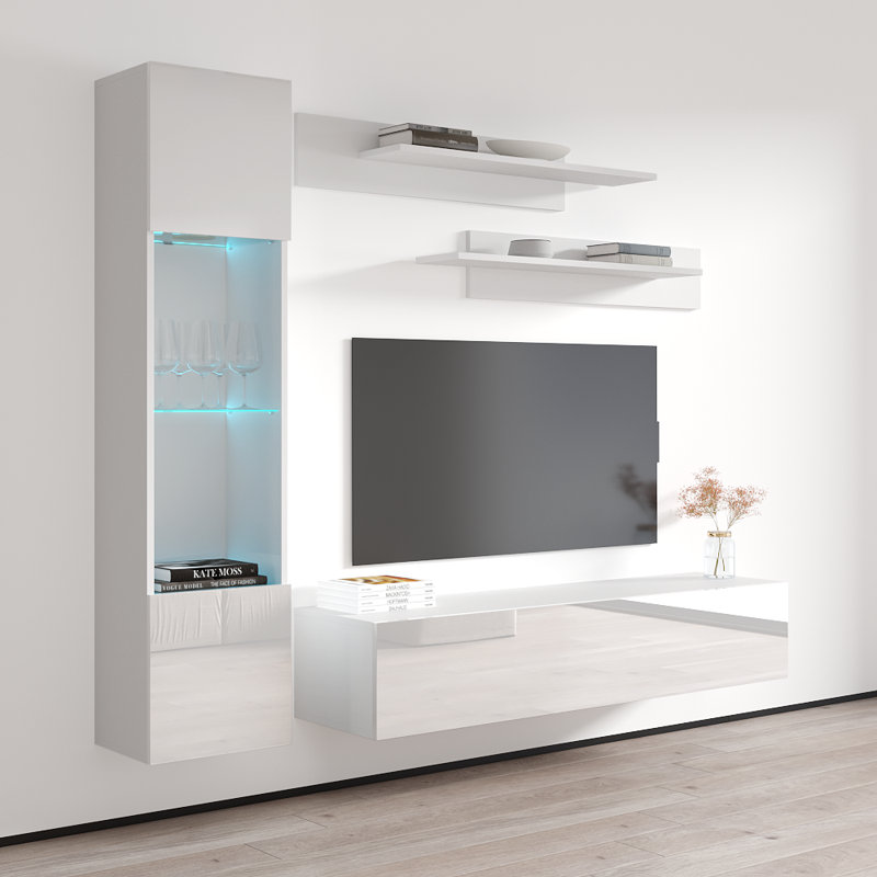 Viroqua 85" Modern Floating Wall Mounted Entertainment Center with 16-Color LED Lighting, High Gloss Finish, White/Black