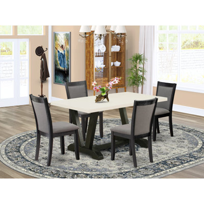 5-Pc Dining Room Table Set Contains a Linen White (Off-White) Dinette Table and 4 Dark Gotham Grey Linen Fabric Dinner Chairs with High Back - Wire Brushed Black Finish