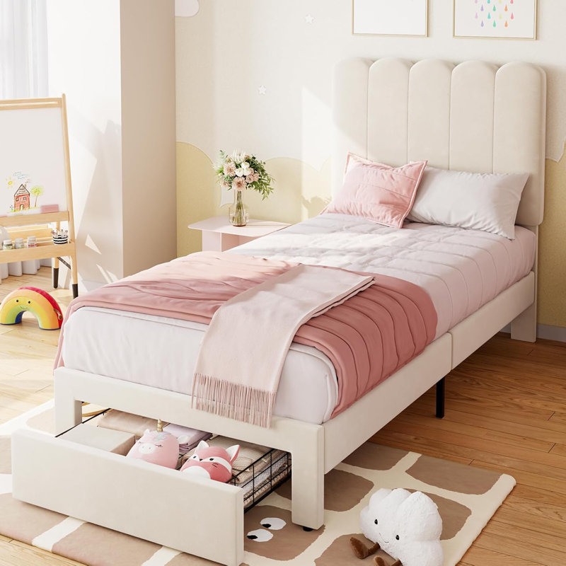 Twin Bed Frame with Storage Drawer and Headboard, Velvet Upholstered Twin Platform Bed Frame, White