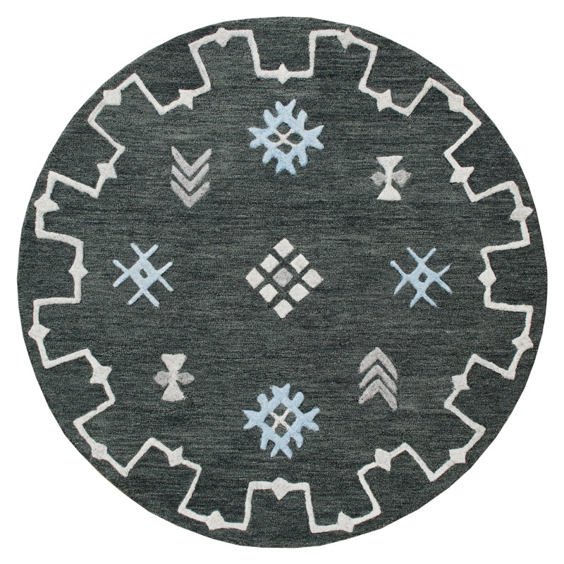 Tapis rond gris anthracite / crème / bleu noué à la main, Rond 5 pi